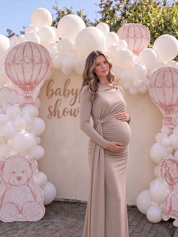 Beige Ruched Side Draped Baby Shower Maternity Maxi Dress