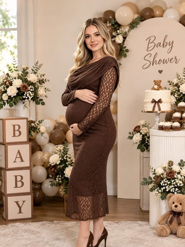 Brown Plus Size Maternity Lace Dress with Asymmetrical Shoulder and Flattering Fit