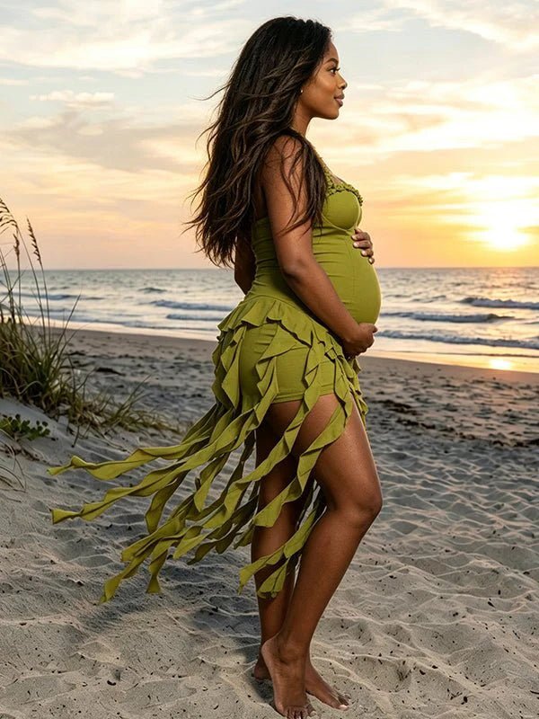 Momyknows Green Open Back Halter Neck Bodycon Tassels High Waisted Photoshoot Mini Dress - Green - 3