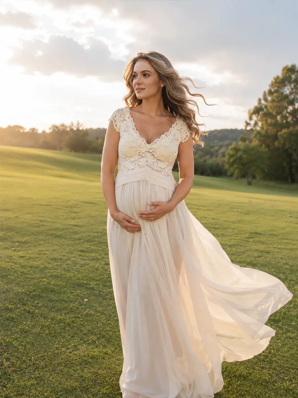 Momyknows Apricot Lace Grenadine Backless Solid Color A-Line Photoshoot Maternity Maxi Dress - Apricot - 4