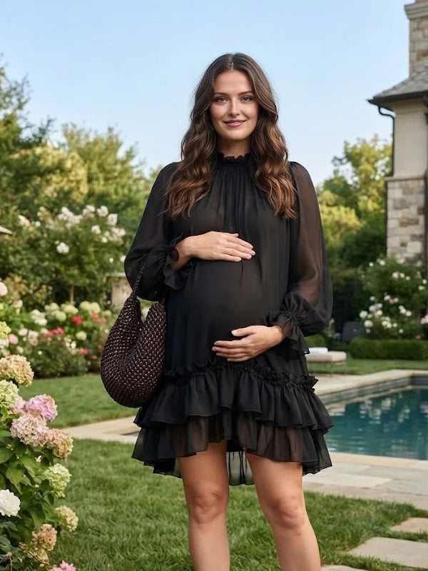 Black Maternity Mini Dress with Flare Sleeve Ruffles and Flowing Big Swing Design and Elegant Silhouette, Photoshoot