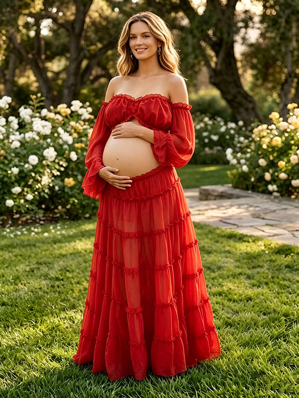 maternity strapless shoulder photoshoot dress Momyknows Elegant Red Ruffle Off Shoulder Flowy Falbala 2-in-1 Photoshoot Maternity Maxi Dress Red / M