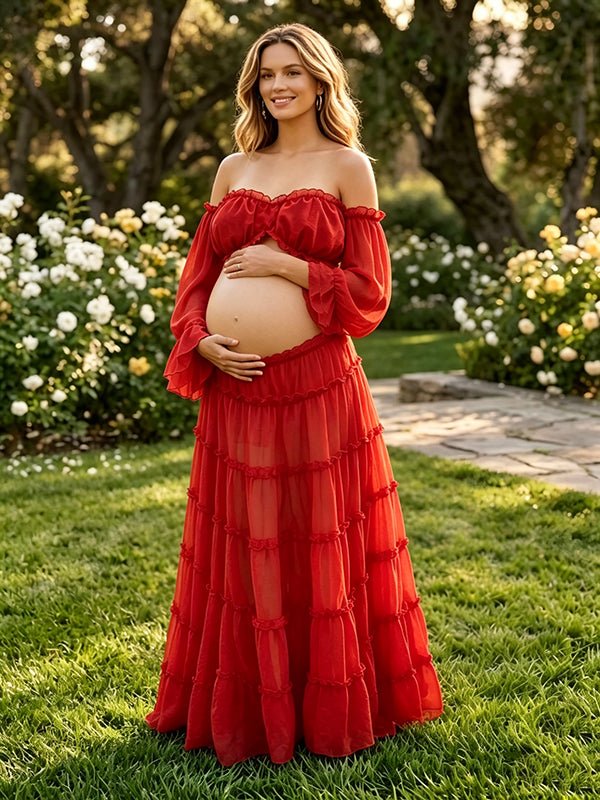 Momyknows Elegant Red Ruffle Off Shoulder Flowy Falbala 2-in-1 Photoshoot Maternity Maxi Dress, Red / L