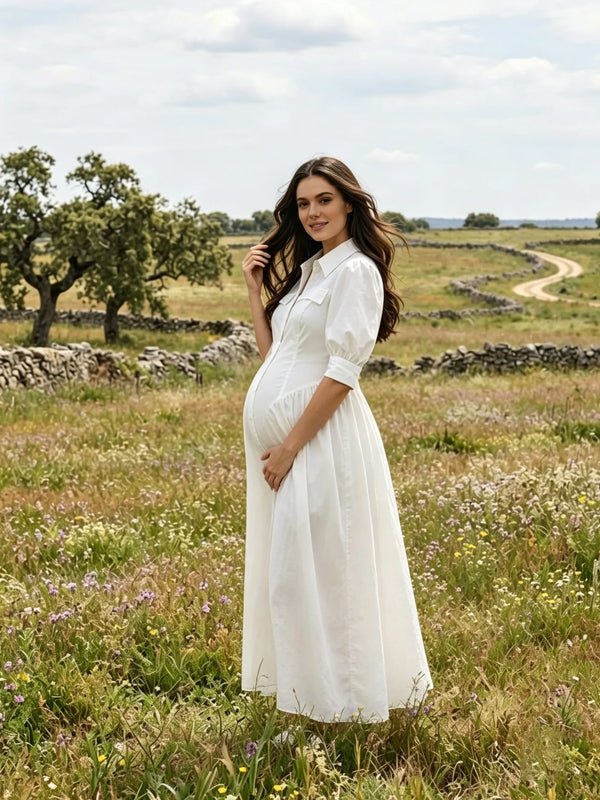 Momyknows White Single Breasted High Waisted Pockets Solid Color Photoshoot Maternity Maxi Dress - White - 2