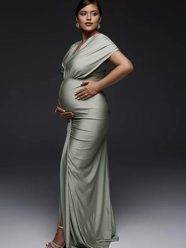 Momyknows Silver Ruched Side Slit Maternity Photoshoot Maxi Dress