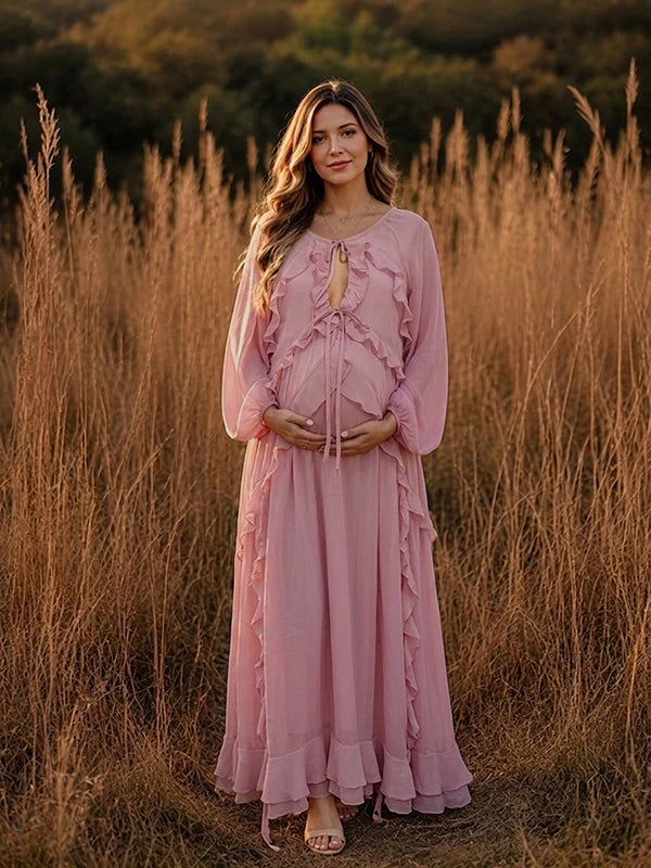 Momyknows Boho Pink Falbala Lace-up Flowy Photoshoot Maternity Maxi Dress