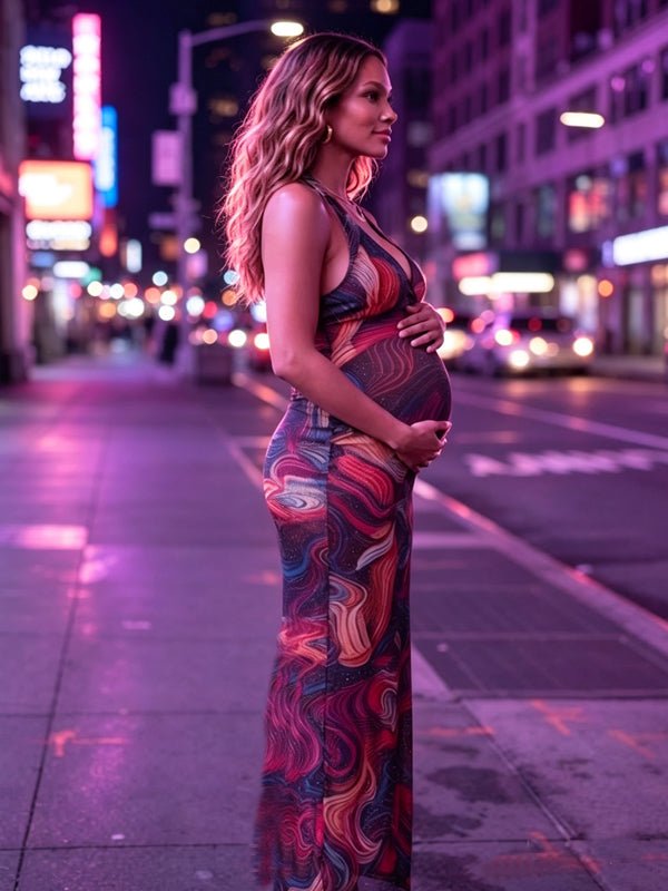 Momyknows Pink Deep V Low Waisted Open Back Halter Neck Splicing Photoshoot Maxi Dress - Pink - 2
