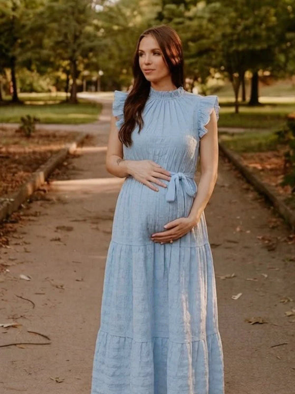 Momyknows Daily Light Blue Falbala Lace-Up Ruched Sashes A-Line Photoshoot Maternity Maxi Dress