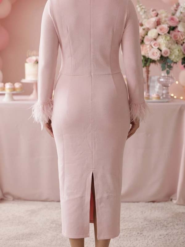 Momyknows Pink Mermaid Zipper Feather Back Slit Irregular Maternity Photoshoot Midi Dress - Pink - 2