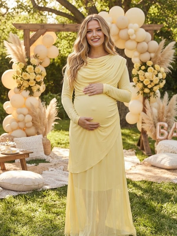 Momyknows Swing Collar Ruched Bodycon Maternity Baby Shower Maxi Dress - Yellow - 1