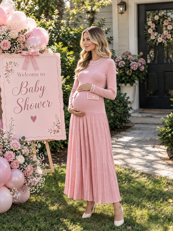 Pink Crochet Maternity Maxi Dress with Beaded Details and Big Swing Fit