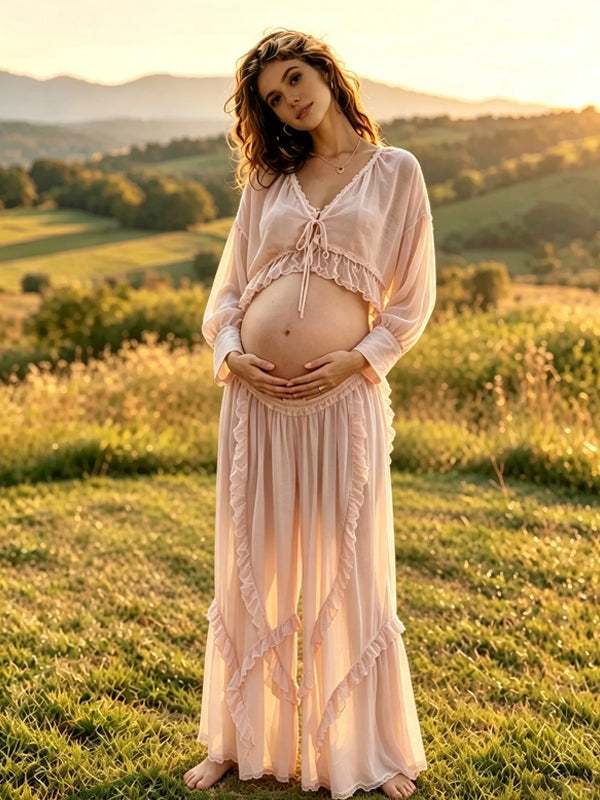 Momyknows Pink Lace Splicing Solid Color 2-in-1 Photoshoot Maternity Clothes