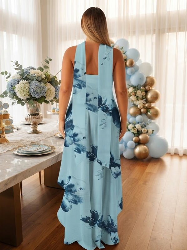 Momyknows Print Ruffle Ribbon Side Slit Bodycon Maternity Baby Shower Maxi Dress - Blue - 5