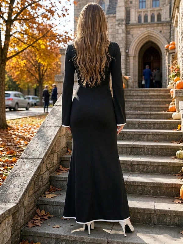 Black and White Color Block Maternity Maxi Dress with Outline Flare Sleeves