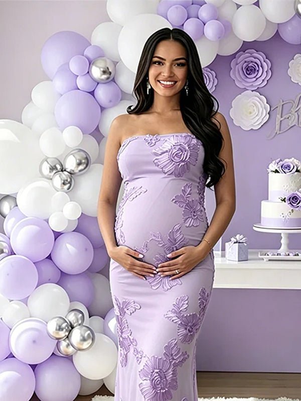 Momyknows Mesh Bodycon Maternity Baby Shower Maxi Dress - Purple - 4
