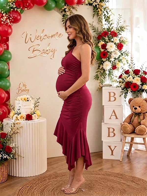 Momyknows Chic Falbala Oblique Shoulder Side Slit Irregular Baby Shower Maternity Maxi Dress - Wine Red - 5