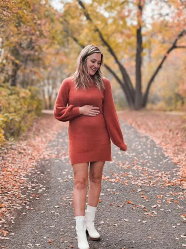 Momyknows Orange High Neck Crochet Daily Going out Maternity Photoshoot Sweater Mini Dress