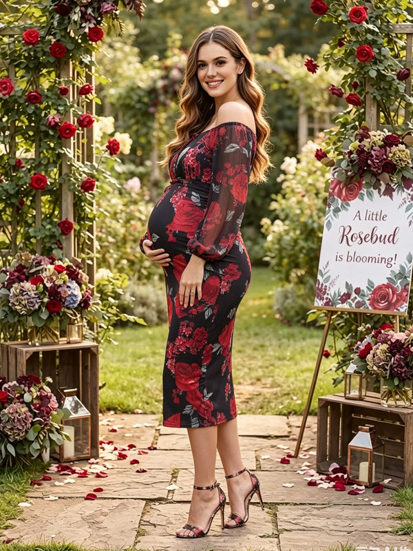 Black Printed Maternity Midi Dress with Off-the-Shoulder Design and Pleated Details