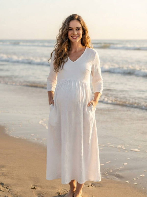 White Long V-Neck Maternity Dress with Three-Quarter Sleeves and Pockets and Casual Fit, Beach Photoshoot