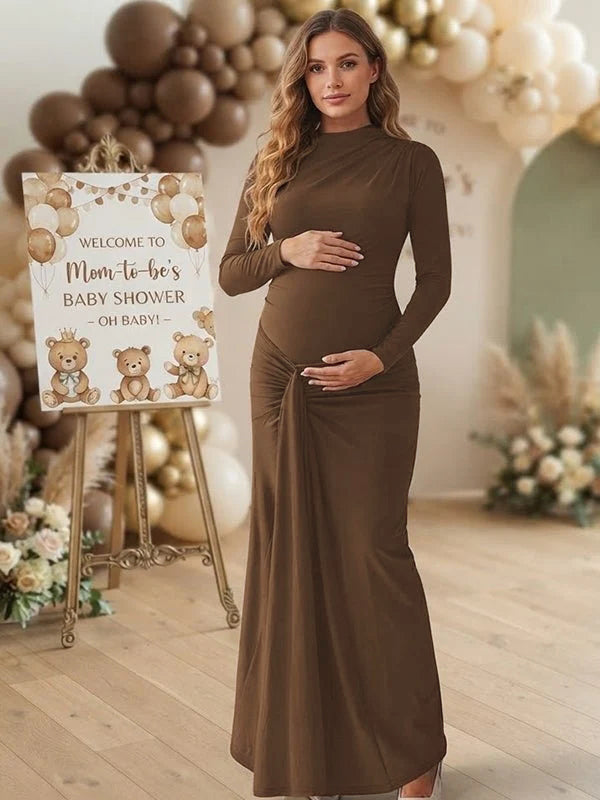 Momyknows Brown Ruched Ribbon Lace Up Bodycon Maternity Baby Shower Maxi Dress
