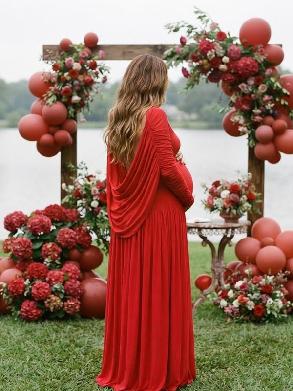 Momyknows Red Off Shoulder Ruched Cape Backless Big Swing Maternity Baby Shower Maxi Dress - Red - 3