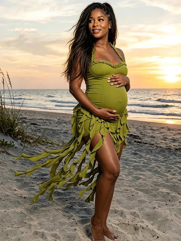 Momyknows Green Open Back Halter Neck Bodycon Tassels High Waisted Photoshoot Mini Dress - Green - 1