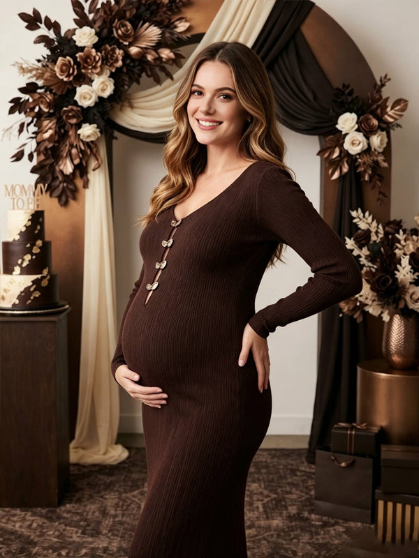 Brown Velvet Maternity Dress with V-Neck and Crochet Detailing and Button Closures