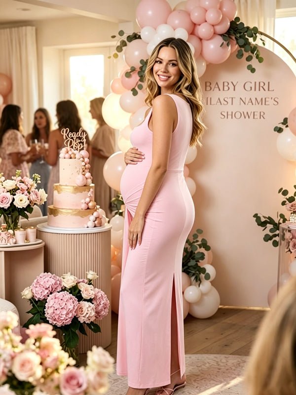 Momyknows Knot Back Slit Bodycon Solid Color Maternity Baby Shower Maxi Dress - Pink - 2