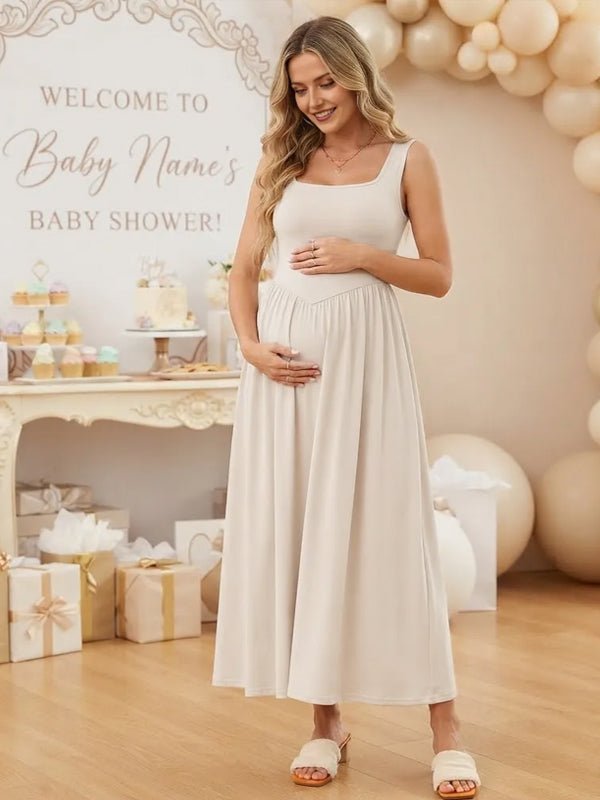 Momyknows Spaghetti Strap Ruched Backless Maternity Baby Shower Midi Dress - White - 1