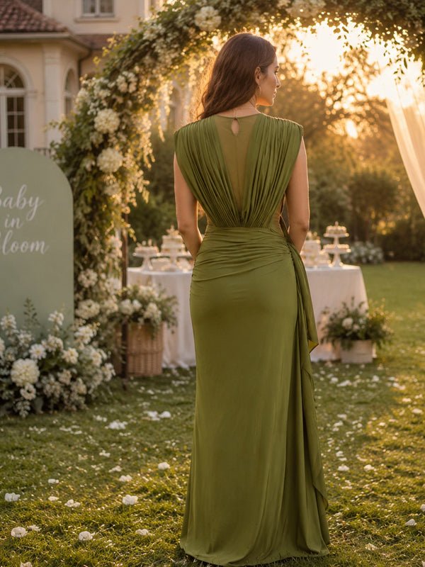 Momyknows Green Ruffle Side Slit Ruched Trumpet Maternity Baby Shower Maxi Dress - Green - 3