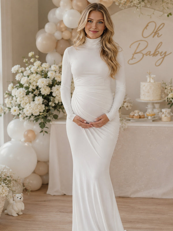 White Ruched Maternity Maxi Dress with High Neck and Flattering Fit, Baby Shower Occasion