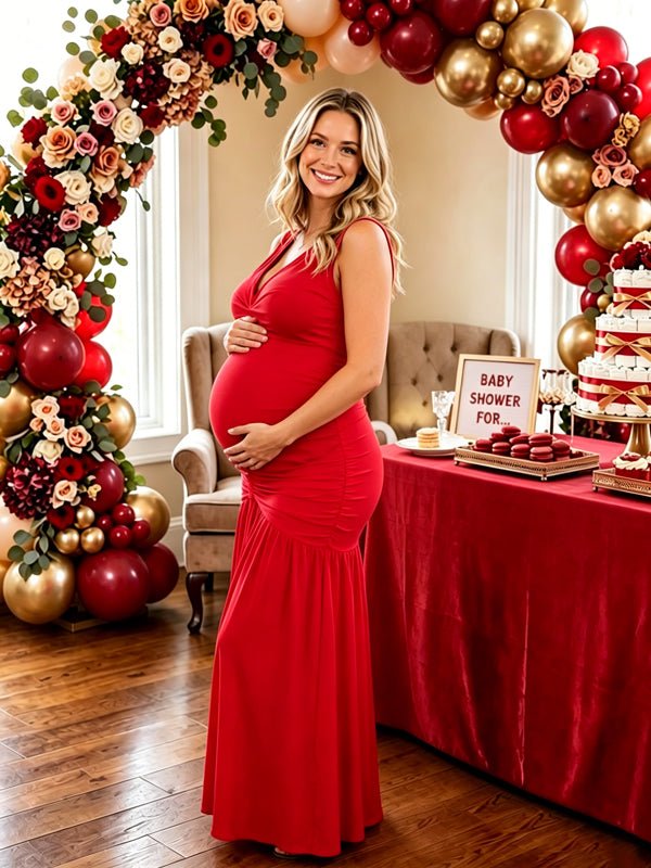 Momyknows Red V-neck Draped Hem Sash Baby Shower Maternity Maxi Dress, Red / L