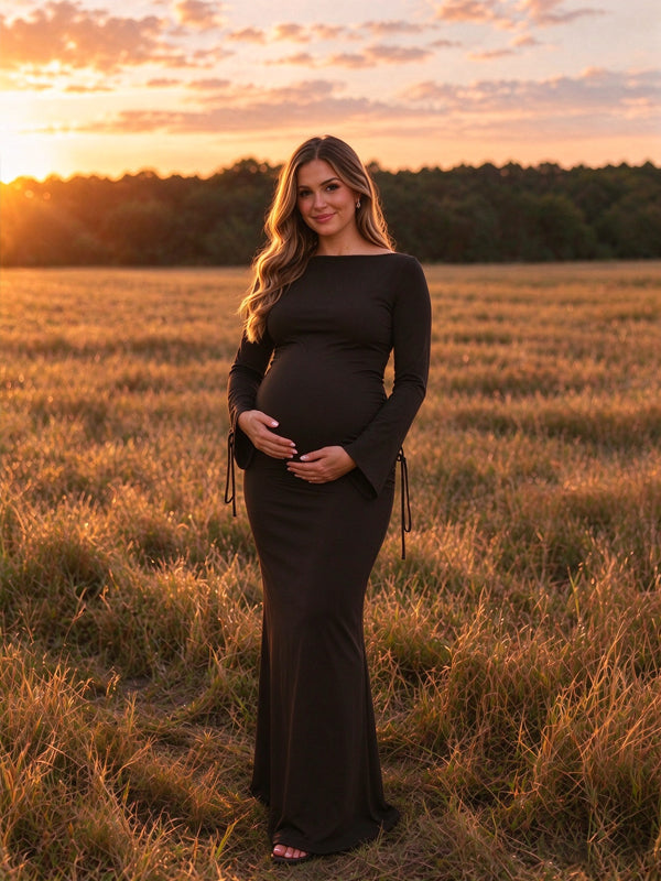 Black Lace-up Backless Solid color Maternity Dresses