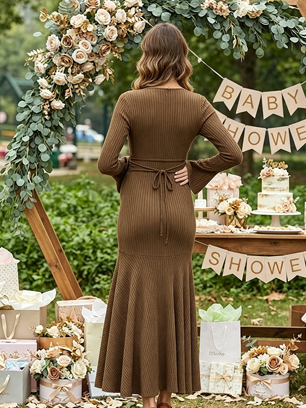 Brown Maternity Dress with Tie-Front Detail and Mermaid Silhouette