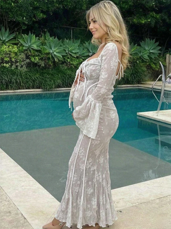 Momyknows White Lace Flare Sleeve Off Shoulder Bodycon Elegant Cocktail Maternity Photoshoot Baby Shower Maxi Dress