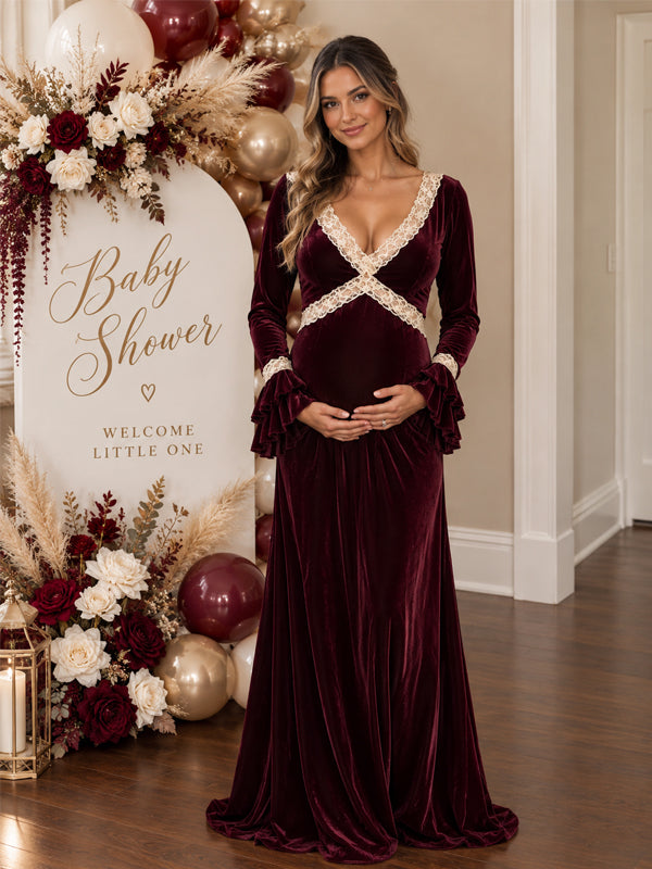 Wine Red Maternity Maxi Dress with Pleuche Lace and Flare Sleeves and Elegant Fit, Baby Shower Occasion