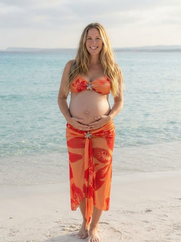 Momyknows Orange Sunset Vibe Floral Hardware High Slit Tie up Beach Photoshoot 3 Piece Bikini Maternity Swimsuit - Orange - 1