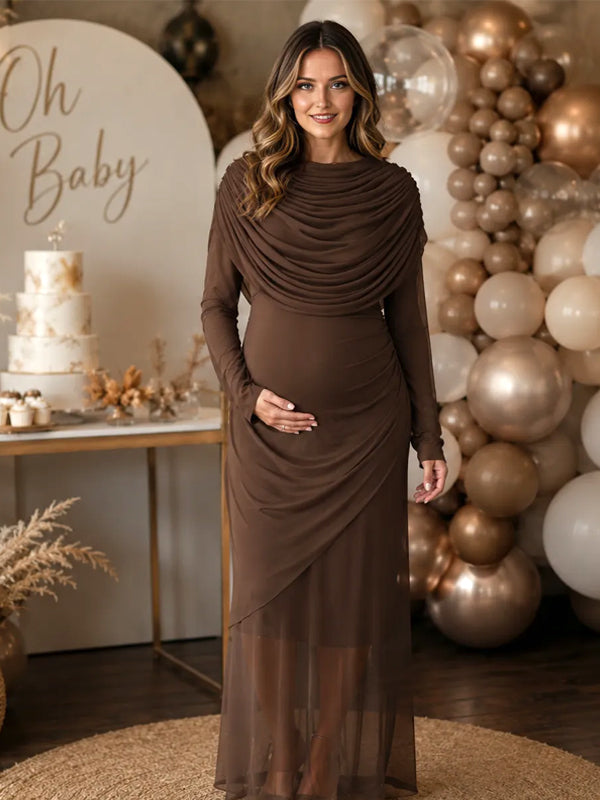 Coffee Ruched Maternity Maxi Dress with Open Collar Detail and Elegant Fit, Baby Shower Occasion