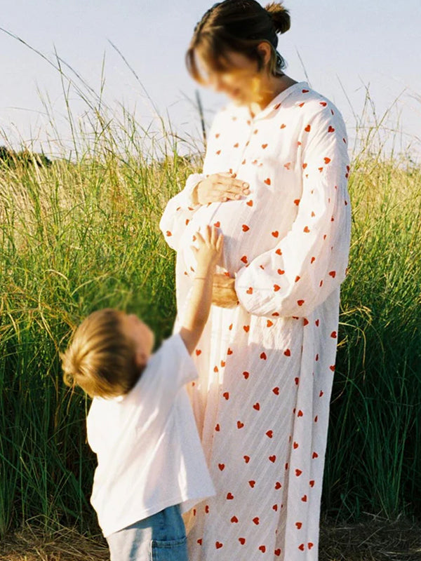 Momyknows White Print Button Lantern Sleeve Maternity Photoshoot Maxi Dress
