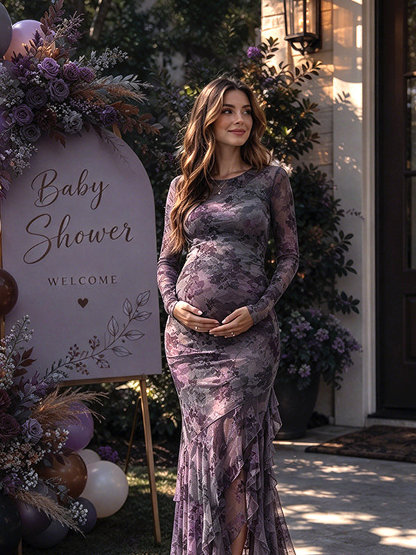 Purple Ruched Irregular Print Maternity Maxi Dress with Ruffle Details and Flowing Fit