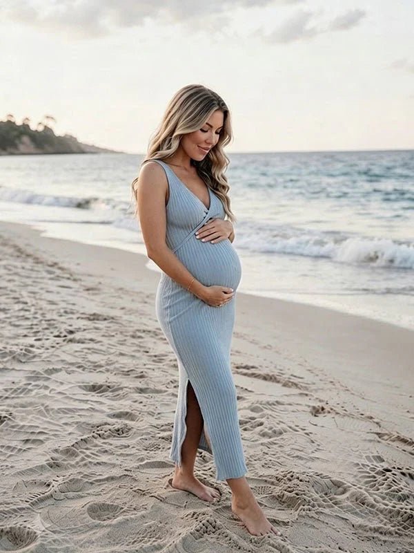 Momyknows Chic Blue Knot Side Slit Bodycon Midriff Vacation Maternity Maxi Dress - Blue - 3