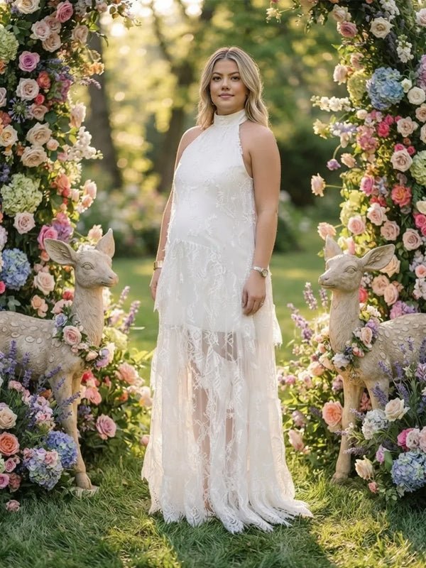 Momyknows White Lace Halter Neck Cut Out Splicing Photoshoot Maternity Maxi Dress - White - 2
