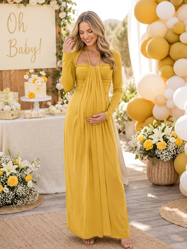 Yellow Halter Neck Maternity Maxi Dress with Lace-Up Bodycon Fit, Baby Shower