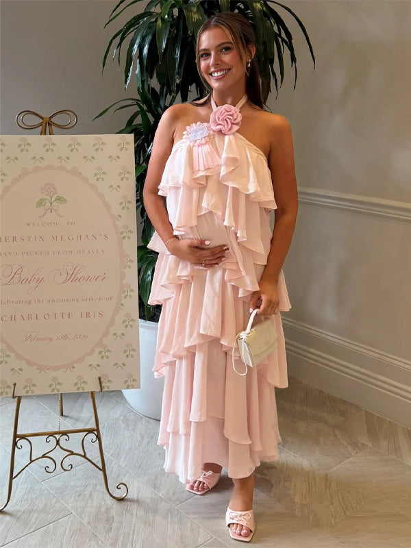 Momyknows Halter Neck Peplum Layered Ruffle Baby Shower Maternity Maxi Dress Pink / XL Momyknows Halter Neck Peplum Layered Ruffle Baby Shower Maternity Maxi Dress Pink / XL