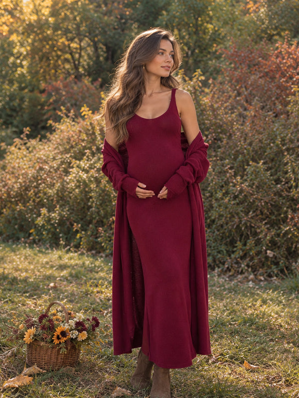 Red Two Piece Maternity Maxi Dress with Textured Crochet Cardigan and Elegant Silhouette