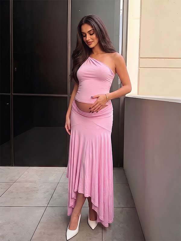 Momyknows Off-shoulders Irregular Ruffle 2-in-1 Maternity Photoshoot Maxi Dress