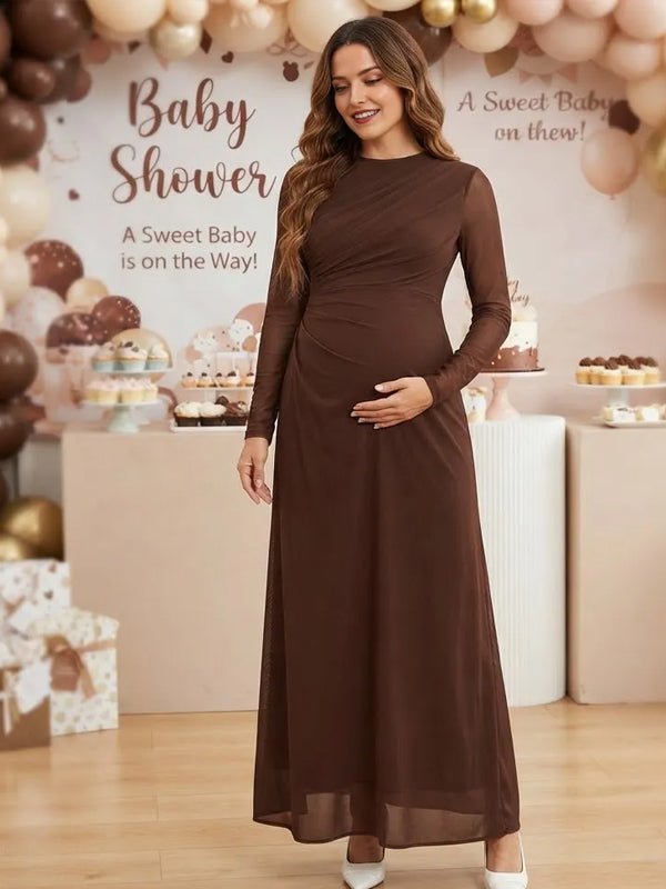 Momyknows Ruched Sheer Grenadine Bodycon Maternity Baby Shower Maxi Dress - Coffee - 11