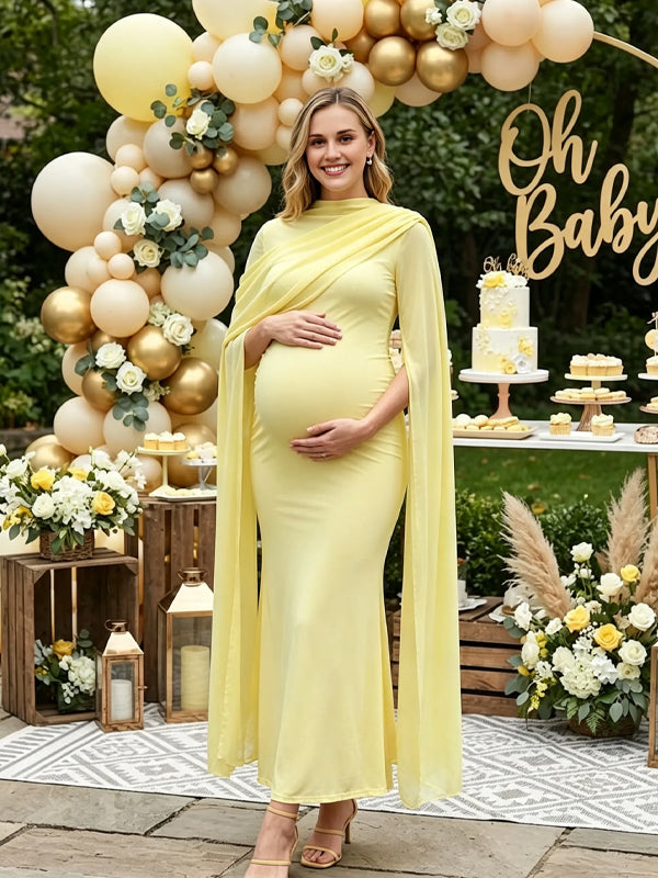 Yellow Chiffon Maternity Dress with Cape Design and Ruffle Details and Fitted Silhouette, Baby Shower