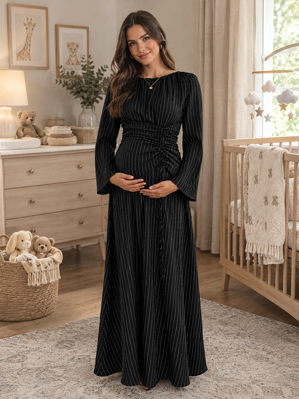 Black Smocked Maternity Maxi Dress with Striped Pattern and Gathering Detail and Elegant Swing Silhouette, Photoshoot