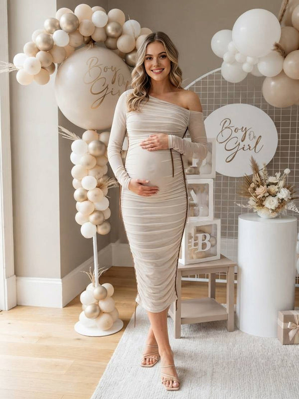 Momyknows Long Sleeve Grenadine Oblique Shoulder Splicing Ruffle Maternity Baby Shower Midi Dress
